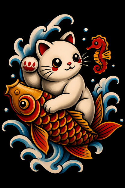 Lucky Cat Riding Koi old school tattoo halftone DTF transfer artwork