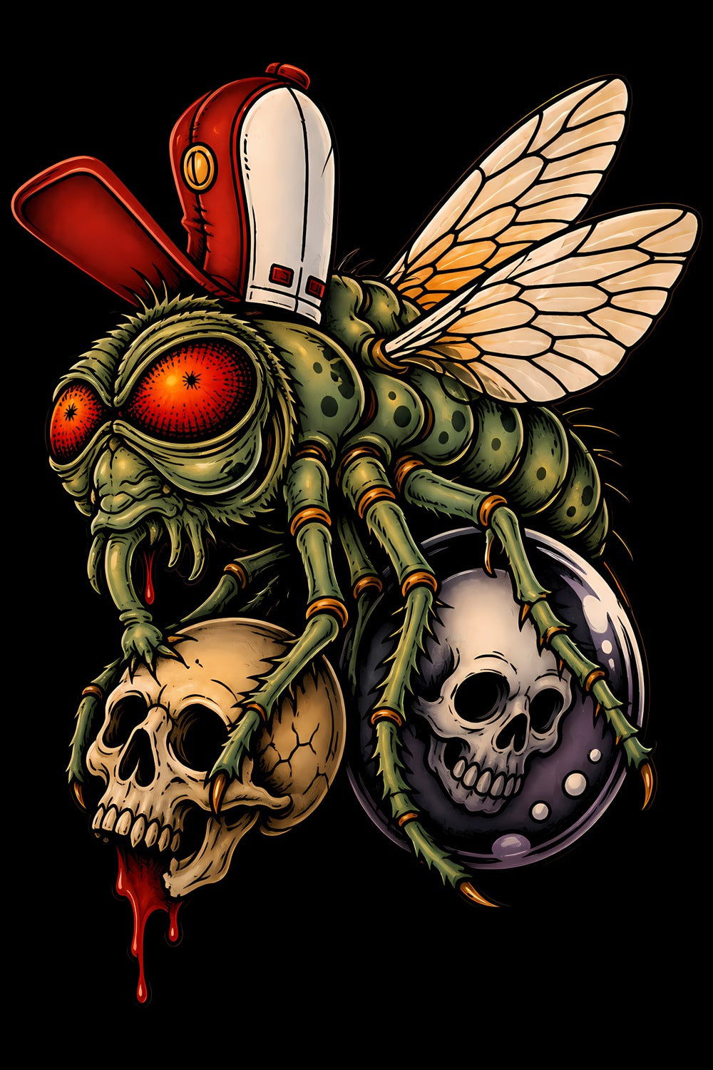 Top Hat Fly with Skulls old school tattoo halftone DTF transfer artwork