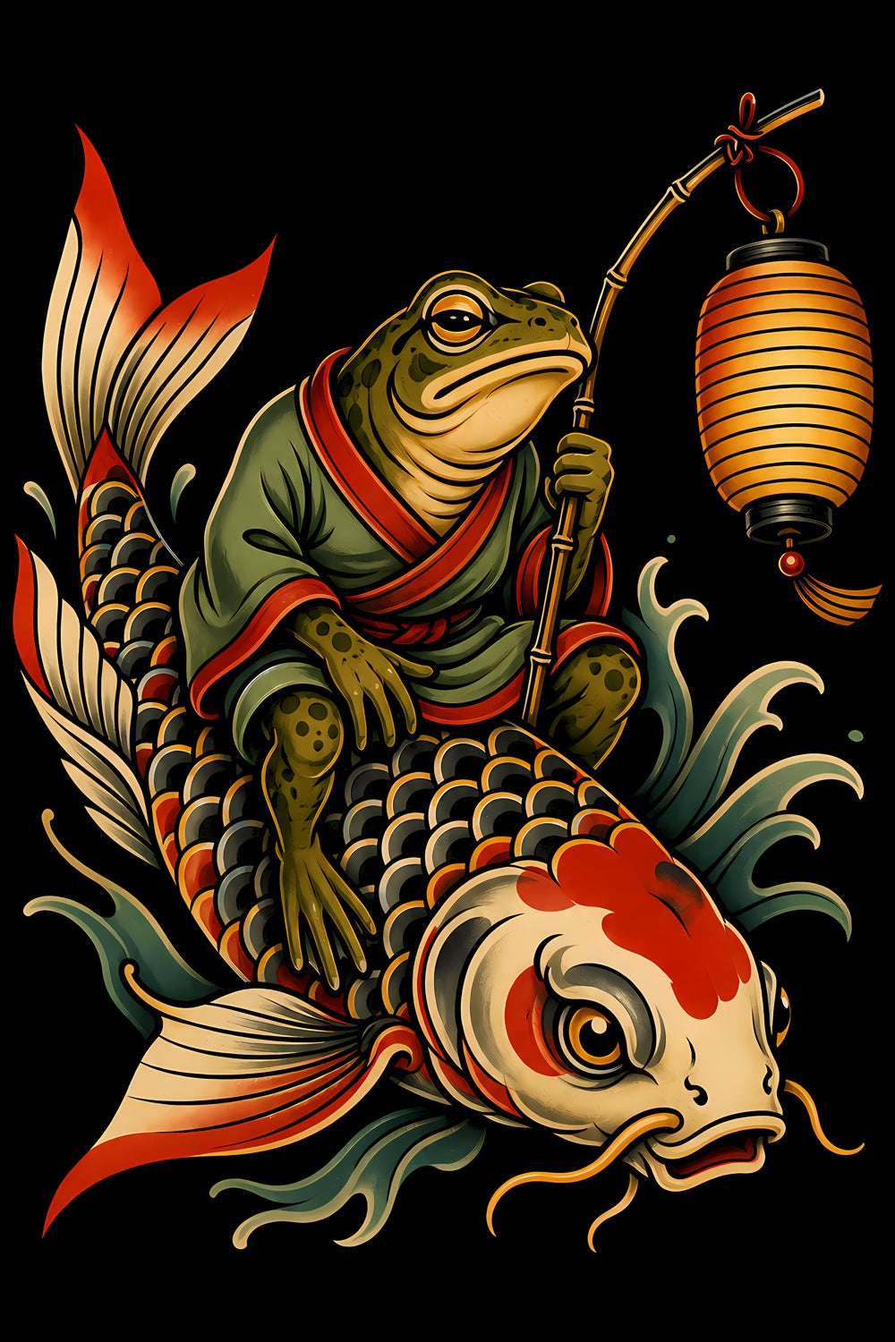 Frog Riding Koi with Lantern old school tattoo halftone DTF transfer artwork