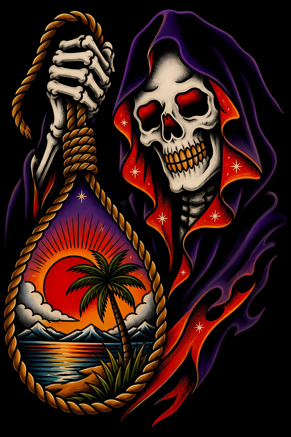 Grim Reaper and Tropical Sunset old school tattoo halftone DTF transfer artwork