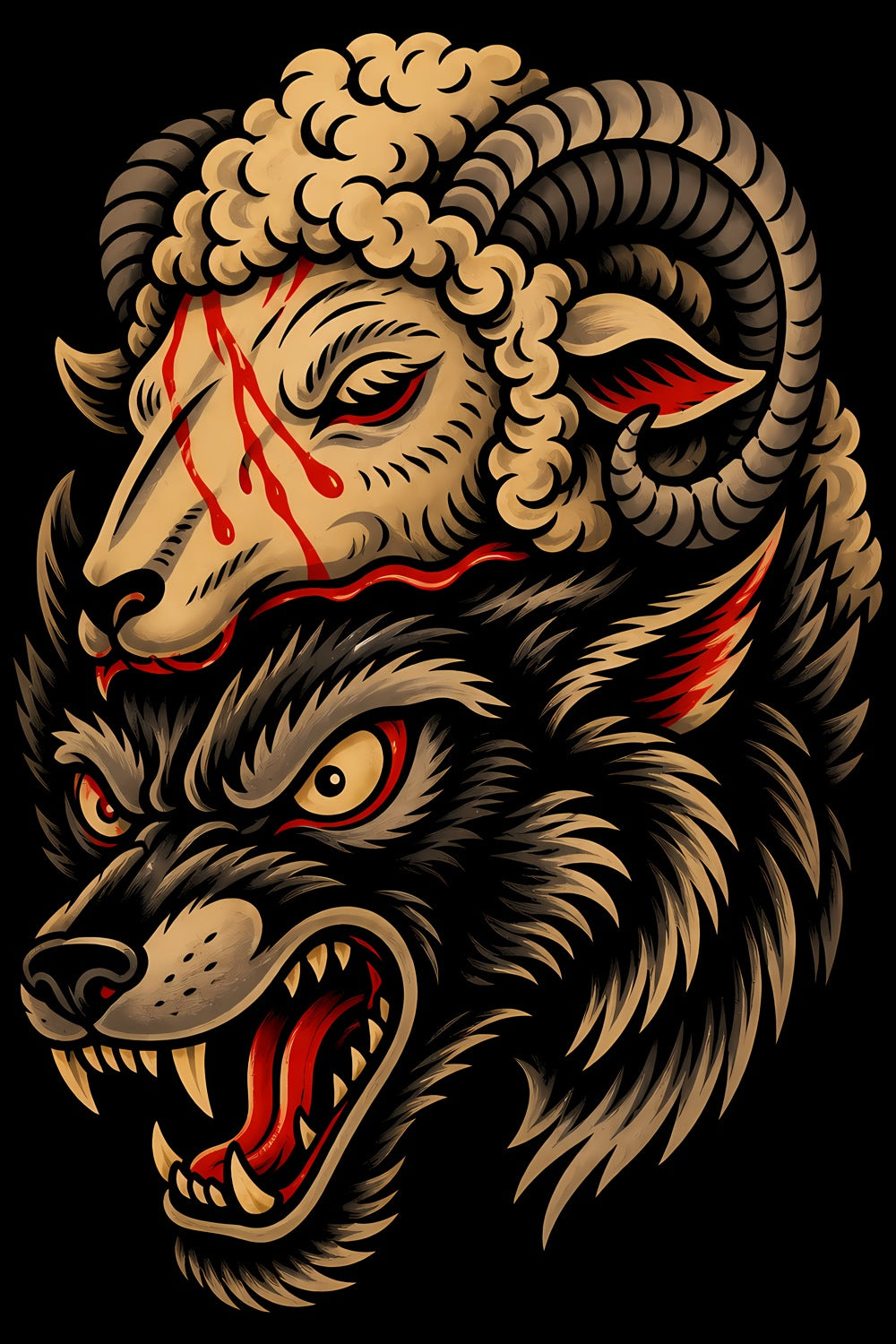 Wolf in Sheep's Clothing old school tattoo halftone DTF transfer artwork