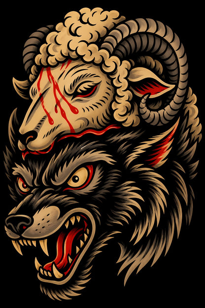 Wolf in Sheep's Clothing old school tattoo halftone DTF transfer artwork