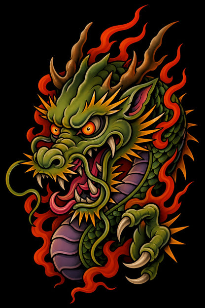 Green Dragon in Flames old school tattoo halftone DTF transfer artwork