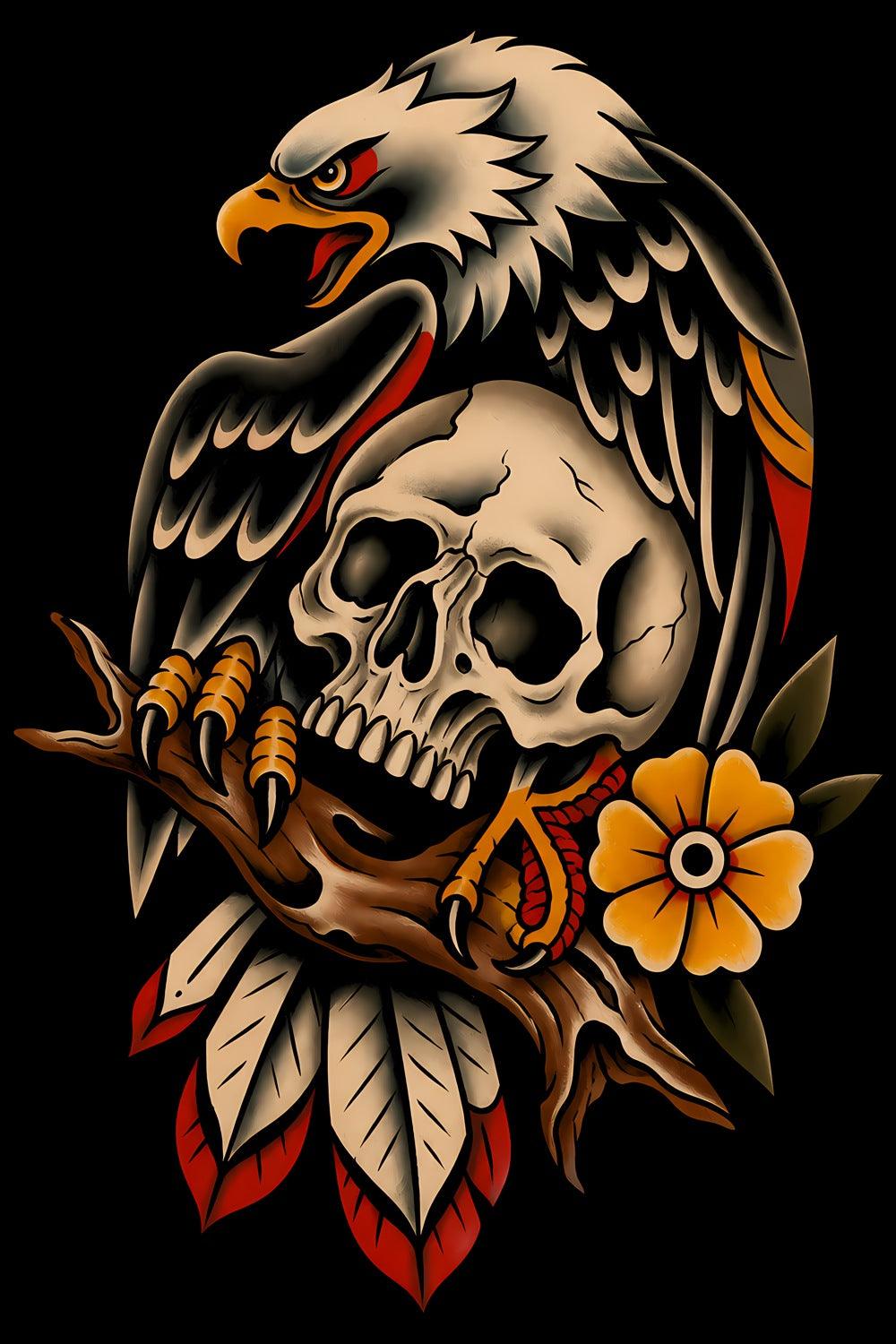 Eagle with Skull and Flowers old school tattoo halftone DTF transfer artwork