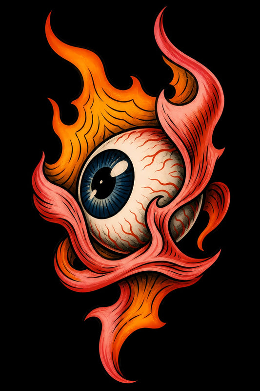 Flaming Eyeball old school tattoo halftone DTF transfer artwork