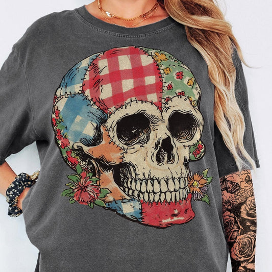 Patchwork floral skull DTF transfer shown on a dark grey T-shirt