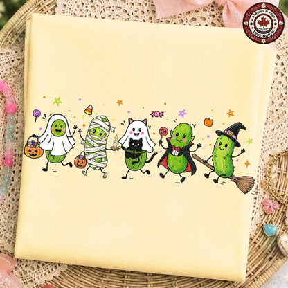 Funny Halloween pickle characters DTF transfer on a pale yellow garment