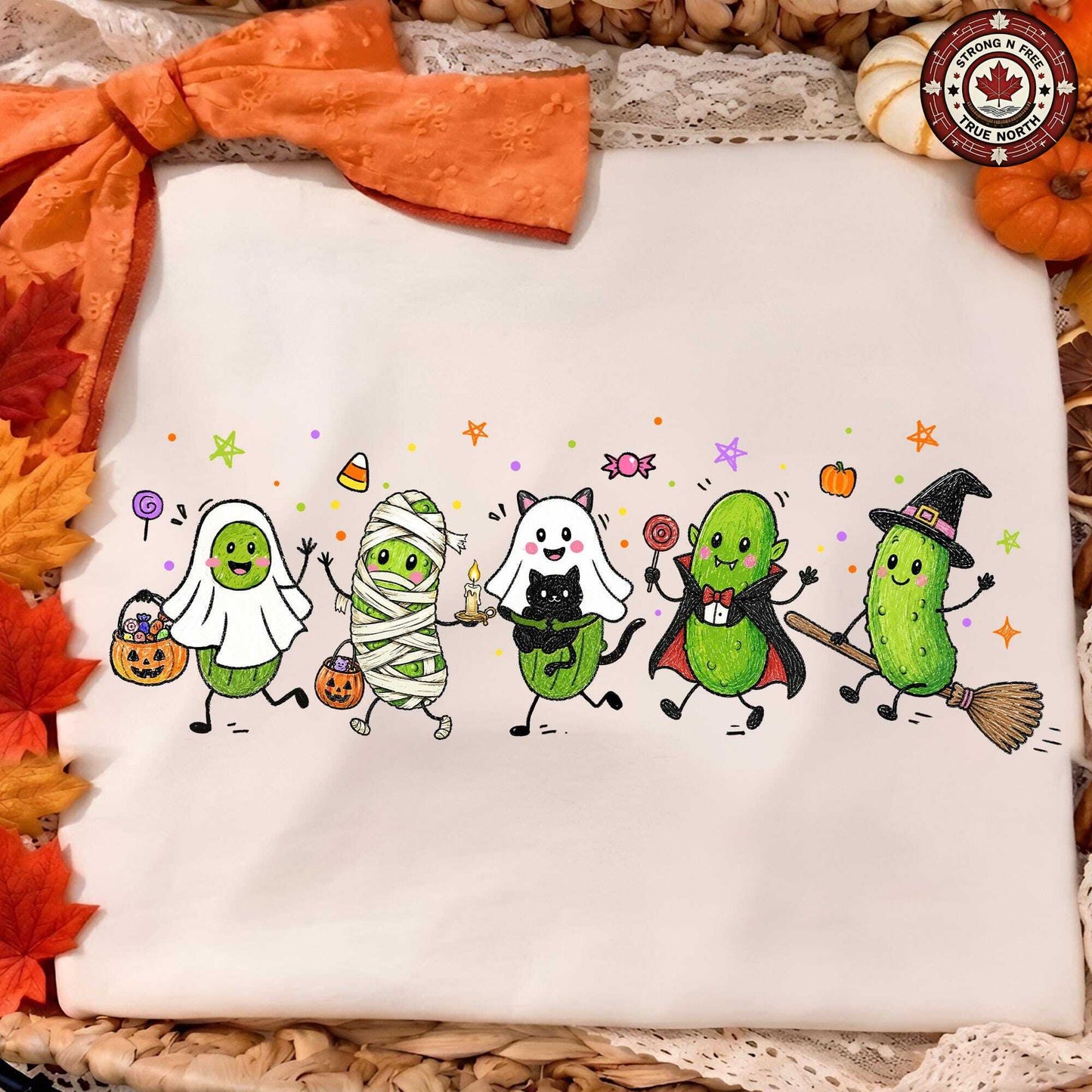 Funny Halloween pickle characters DTF transfer on a white T-shirt