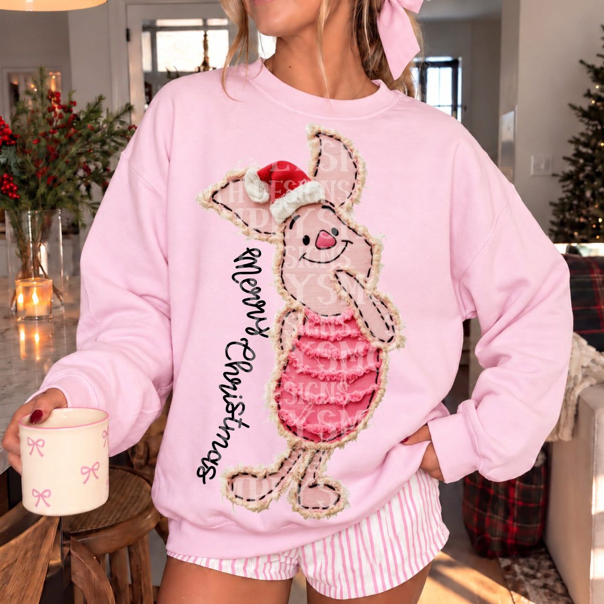 Merry Christmas Piglett faux stitched DTF transfer mockup; sweatshirt not included