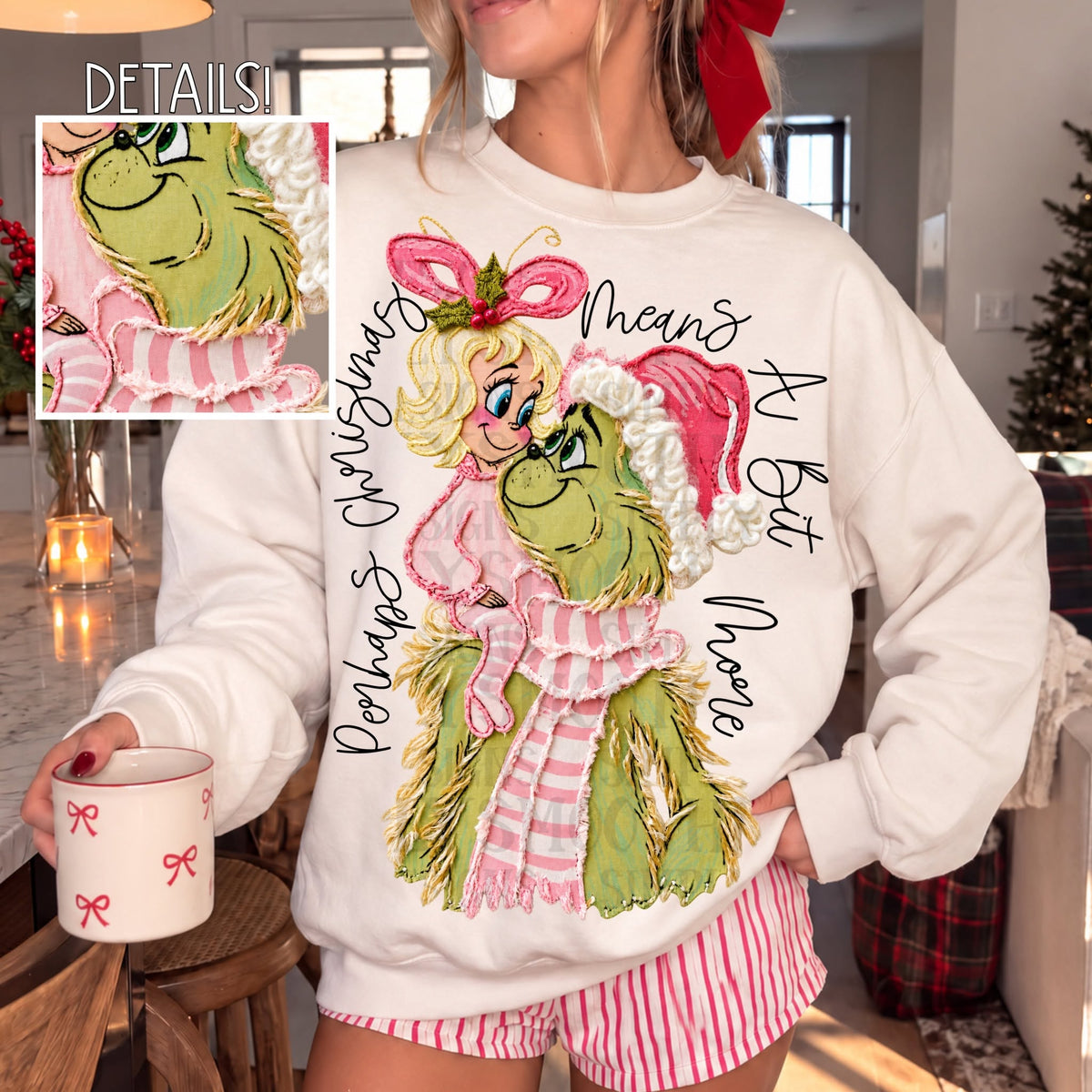 Pink Grinch and Cindy Lou Christmas DTF transfer mockup; sweatshirt not included