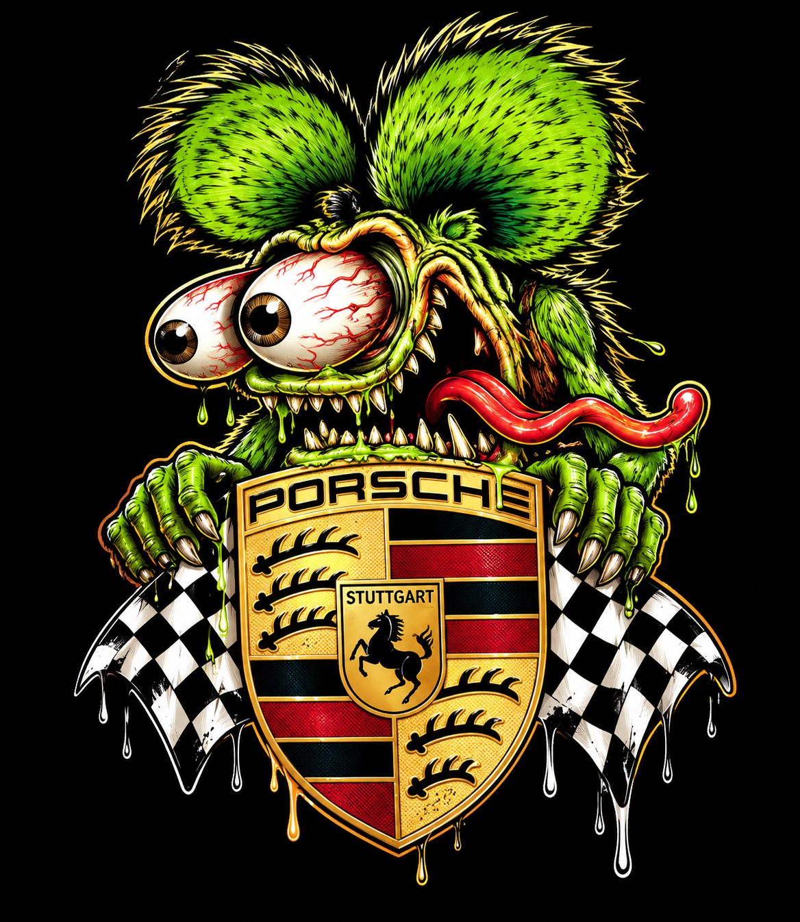 Porschee Green Rat Crest and Checkered Flags halftone DTF transfer for dark garments
