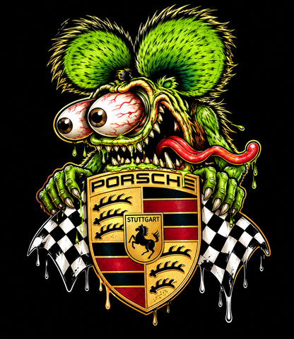 Porschee Green Rat Crest and Checkered Flags halftone DTF transfer for dark garments