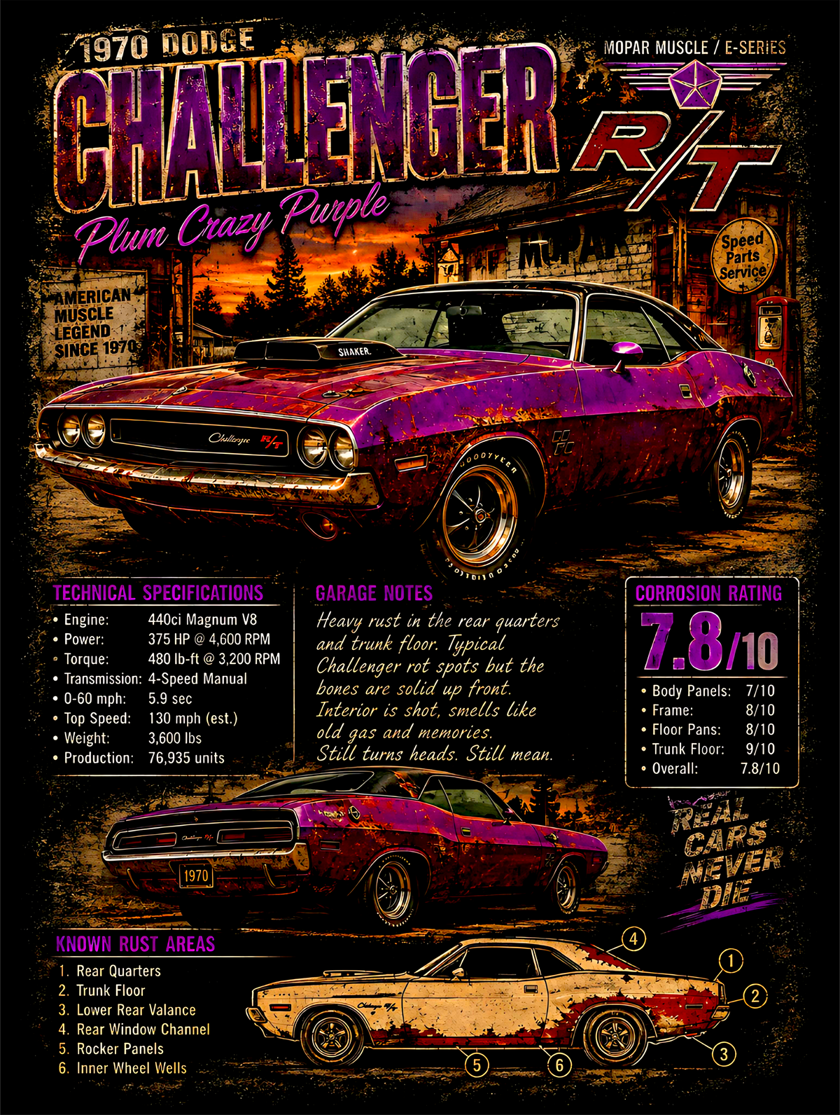 1970 Purple Dodge Challenger R/T - Vintage Poster - Prints best on darks