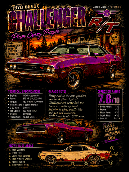 1970 Purple Dodge Challenger R/T - Vintage Poster - Prints best on darks