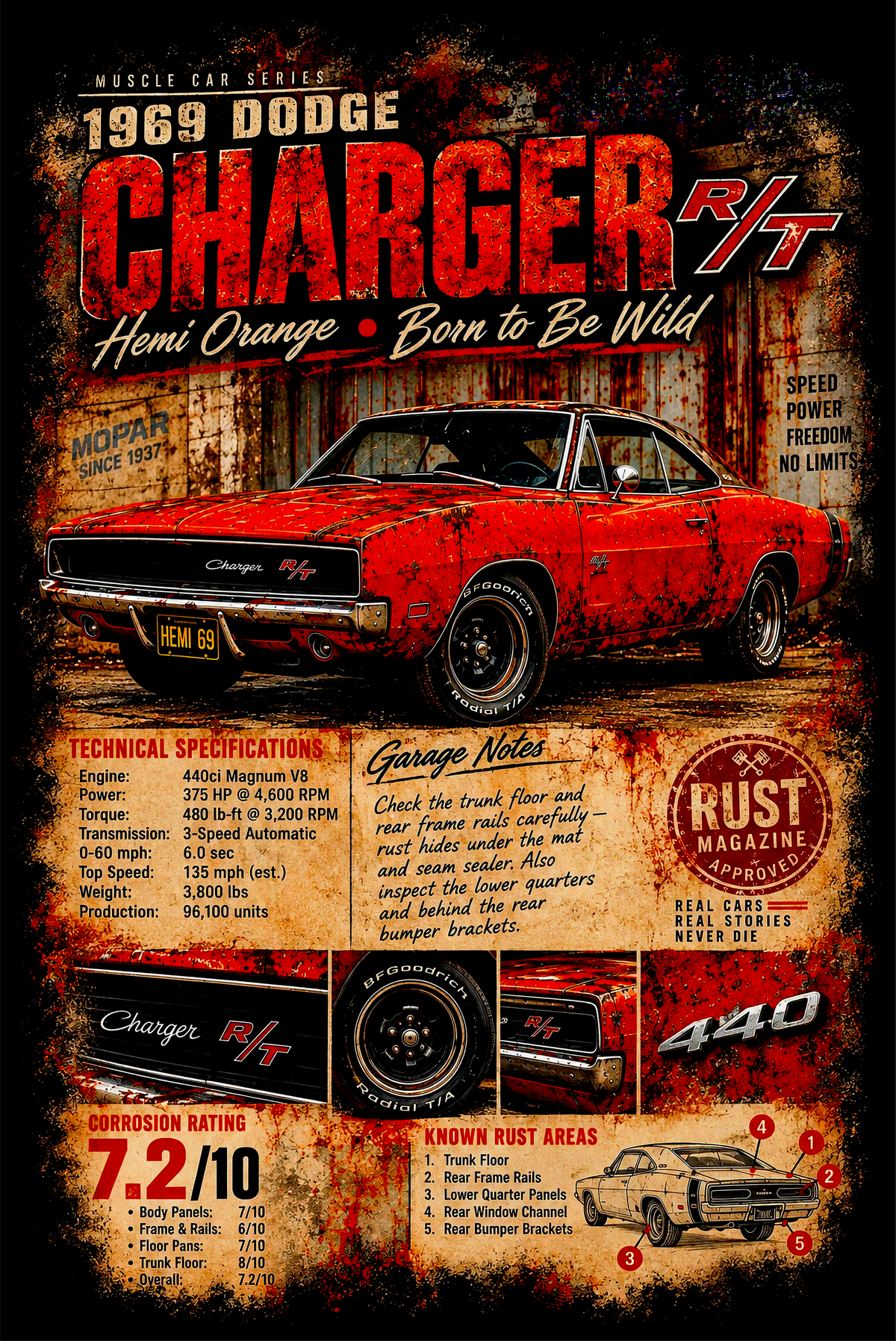 1969 Red Dodge Charger R/T - Vintage Poster - Prints best on darks