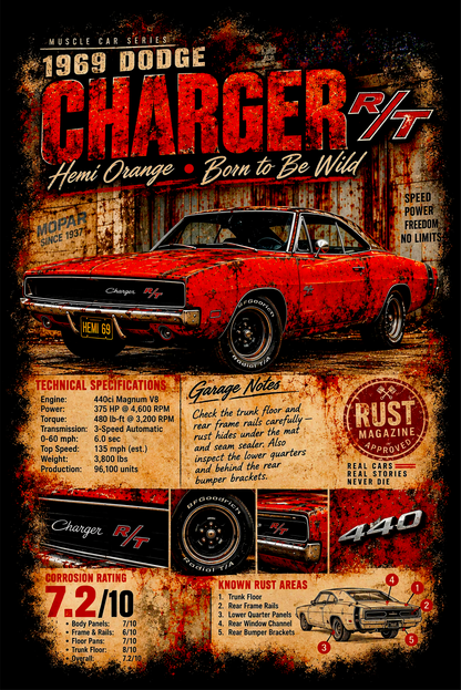 1969 Red Dodge Charger R/T - Vintage Poster - Prints best on darks