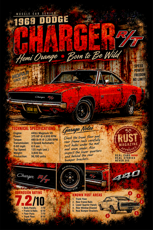 1969 Red Dodge Charger R/T - Vintage Poster - Prints best on darks