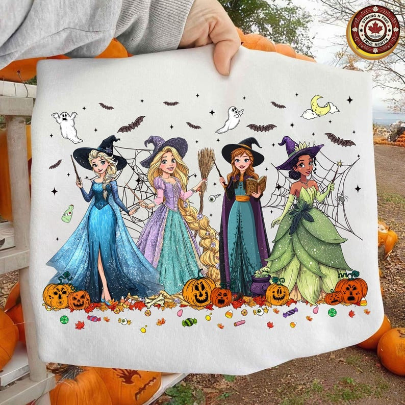 Retro Halloween cartoon princesses DTF transfer design