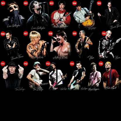 Rock and metal DTF halftone transfer designs numbered 101 through 115