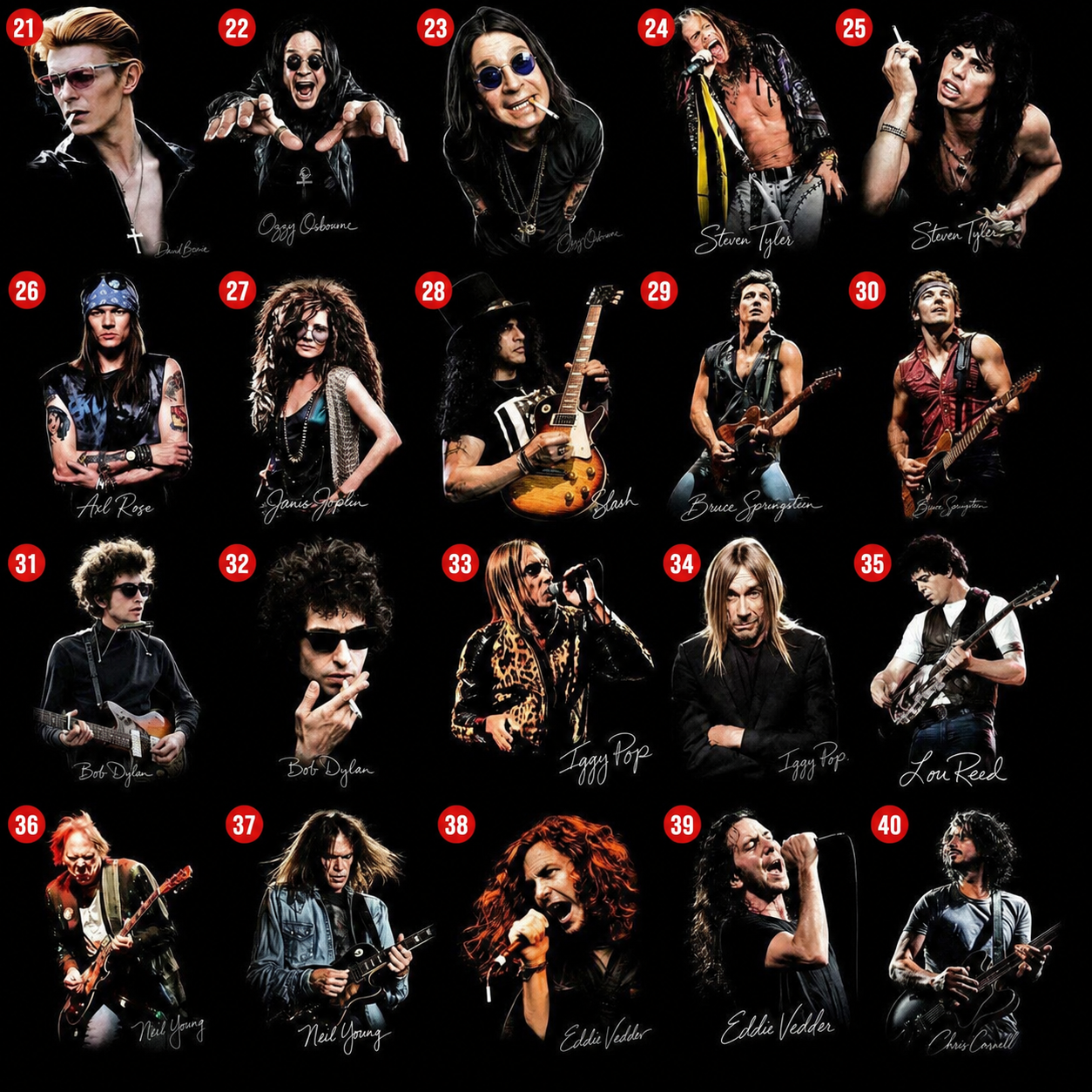 Rock and metal DTF halftone transfer designs numbered 21 through 40
