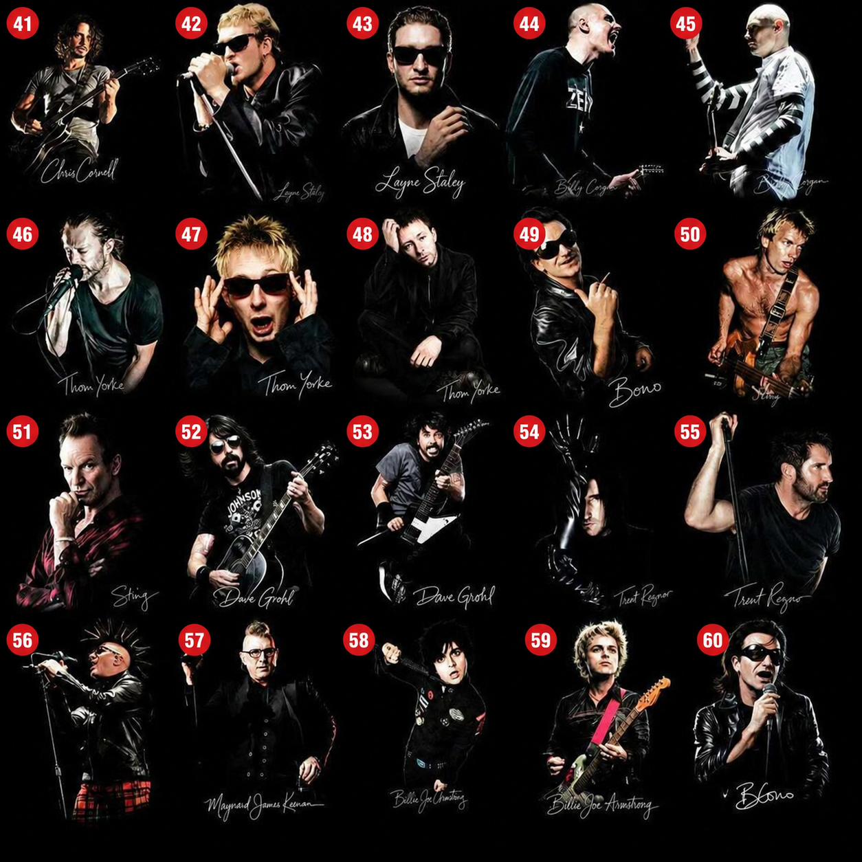 Rock and metal DTF halftone transfer designs numbered 41 through 60