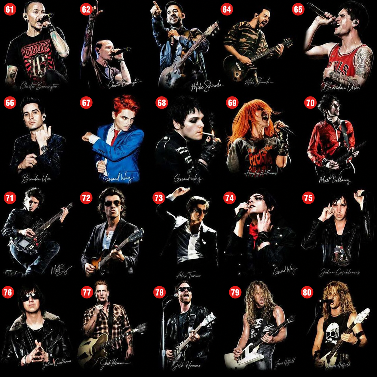 Rock and metal DTF halftone transfer designs numbered 61 through 80