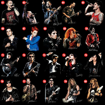 Rock and metal DTF halftone transfer designs numbered 61 through 80