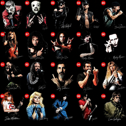 Rock and metal DTF halftone transfer designs numbered 81 through 100