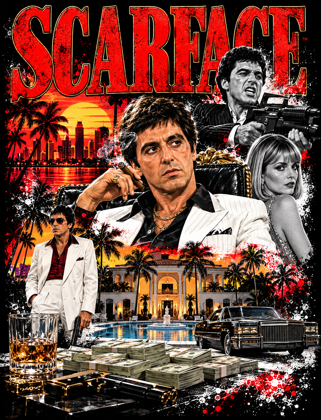 Scarfacee Miami Movie Collage halftone DTF transfer for dark garments