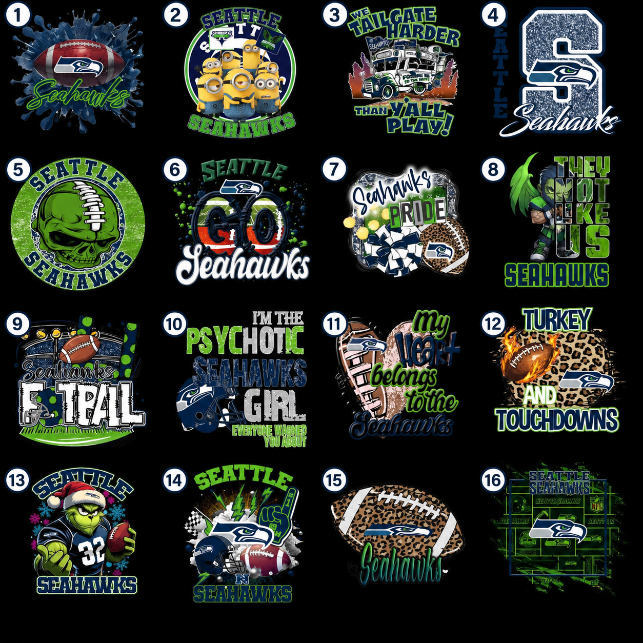Seattle football DTF transfer design choices 1 through 16