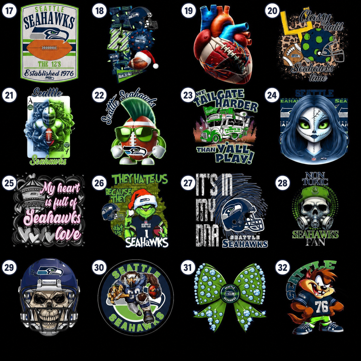 Seattle football DTF transfer design choices 17 through 32