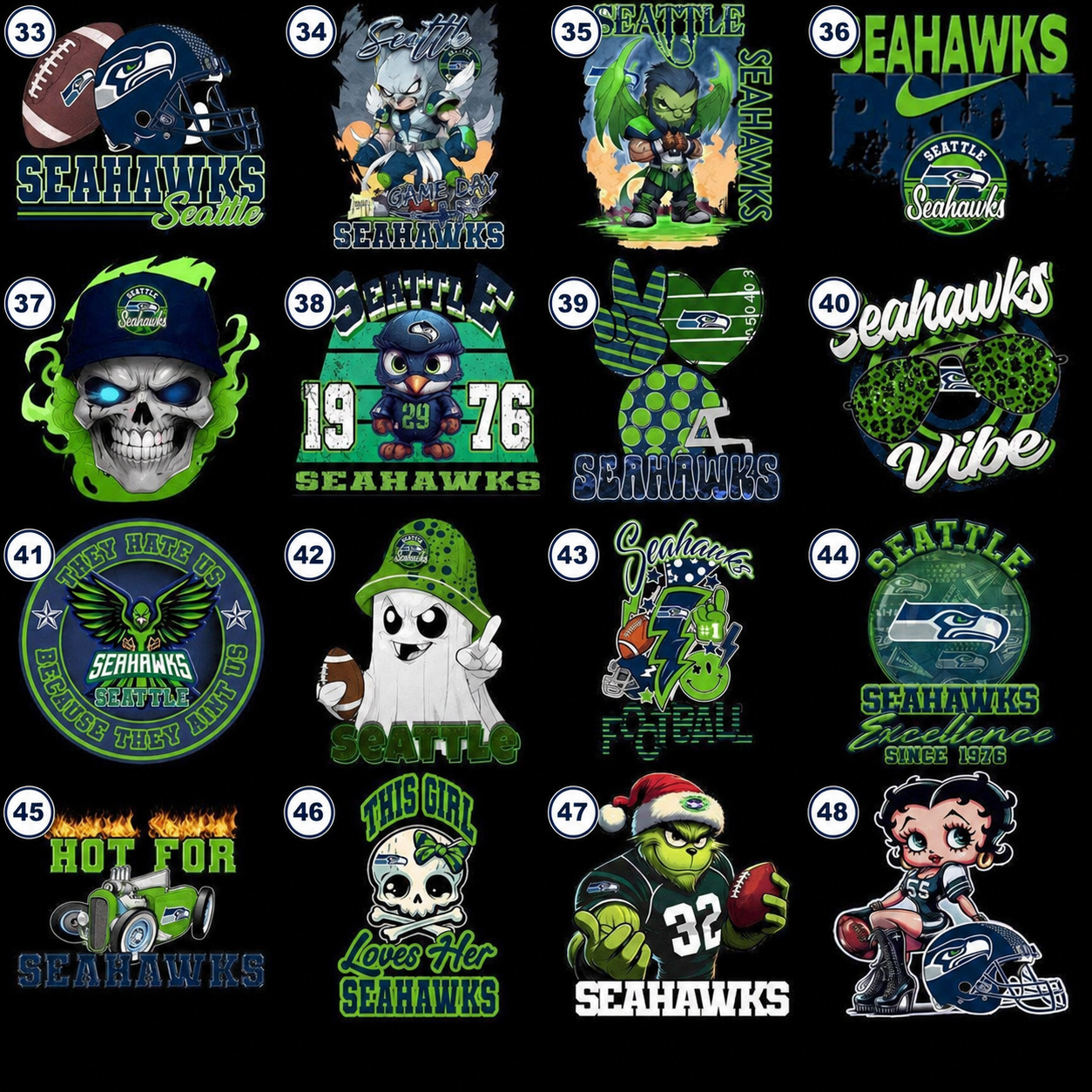 Seattle football DTF transfer design choices 33 through 48