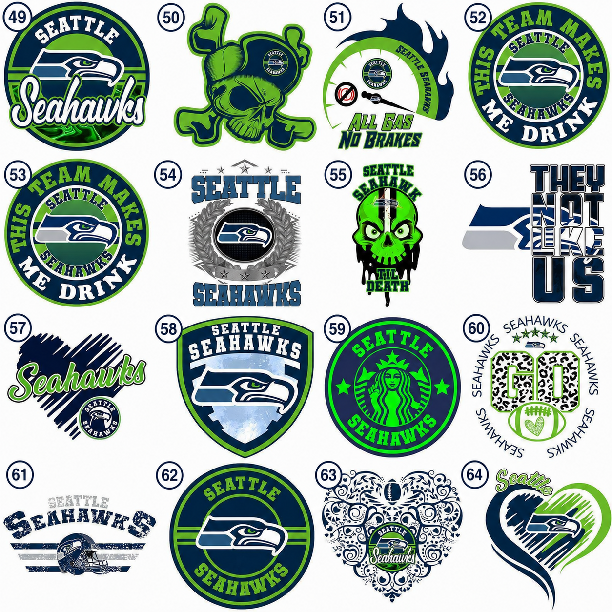 Seattle football DTF transfer design choices 49 through 64
