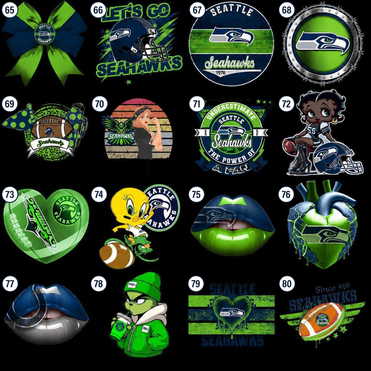 Seattle football DTF transfer design choices 65 through 80