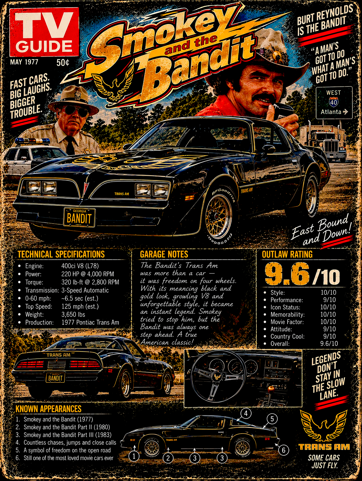 Smokey and the Bandit - Pontiac Trans Am - Vintage Magazine Cover - DTF transfer - Prints best on darks
