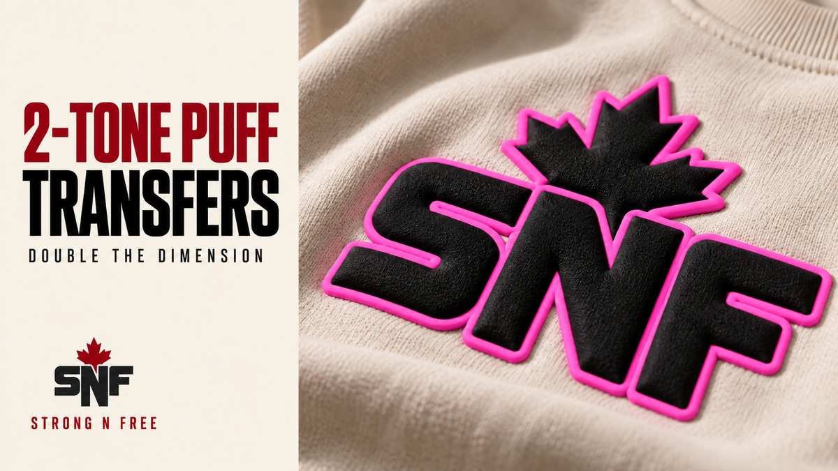 Strong N Free 2-Tone Puff transfers with a black raised centre and neon pink edge – illustrative preview