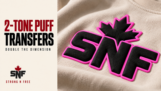 Strong N Free 2-Tone Puff transfers with a black raised centre and neon pink edge – illustrative preview