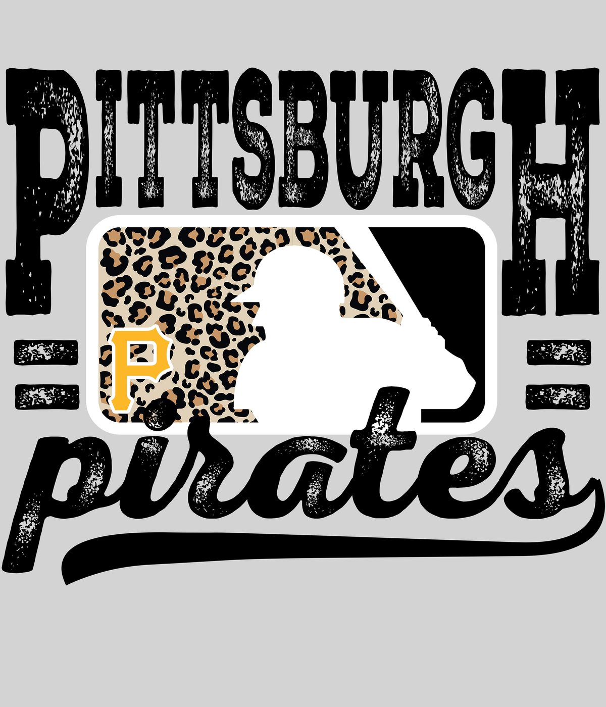 Pittsburgh Piratess Leopard Baseball DTF transfer on a light grey display background