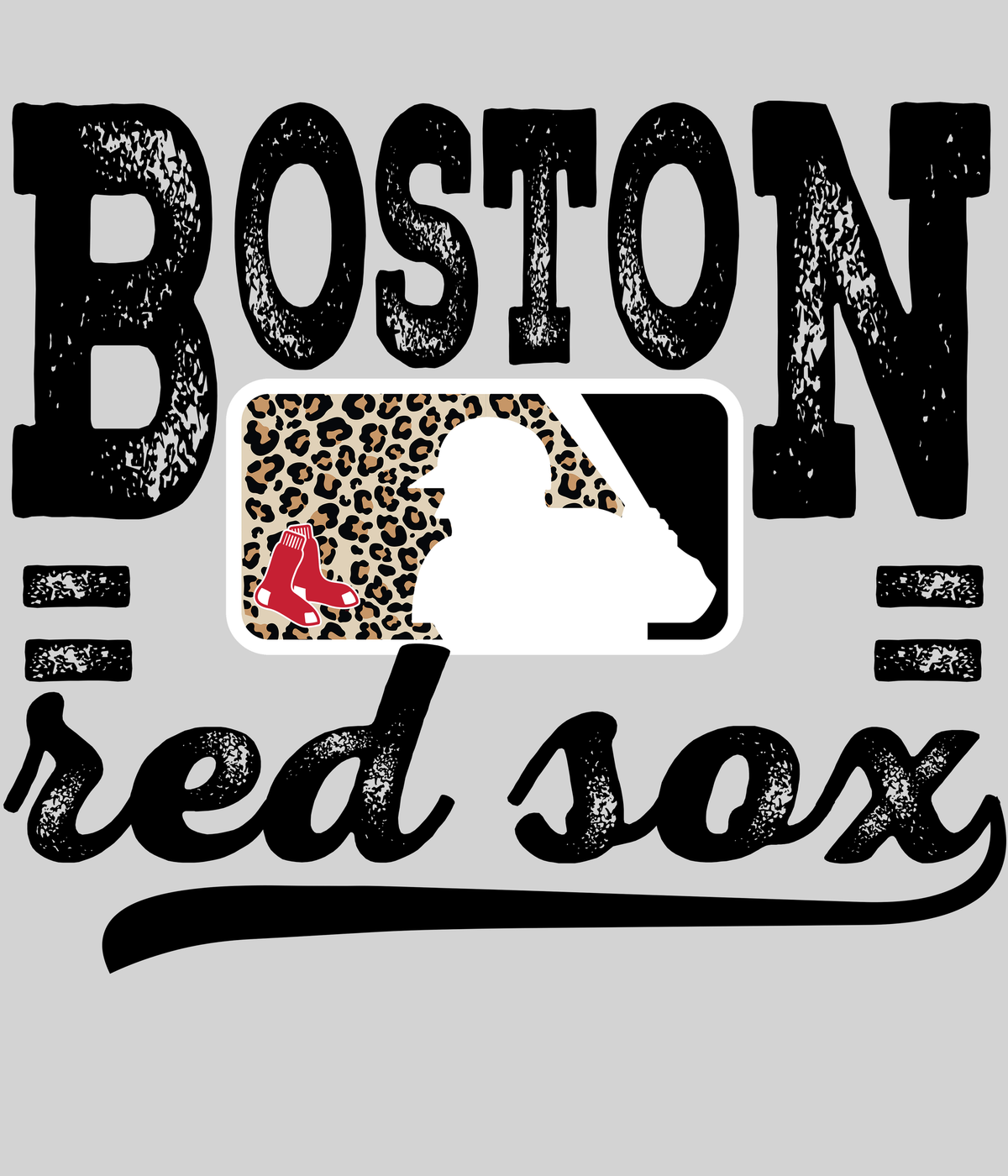 Boston Red Soxx Leopard Baseball DTF transfer on a light grey display background