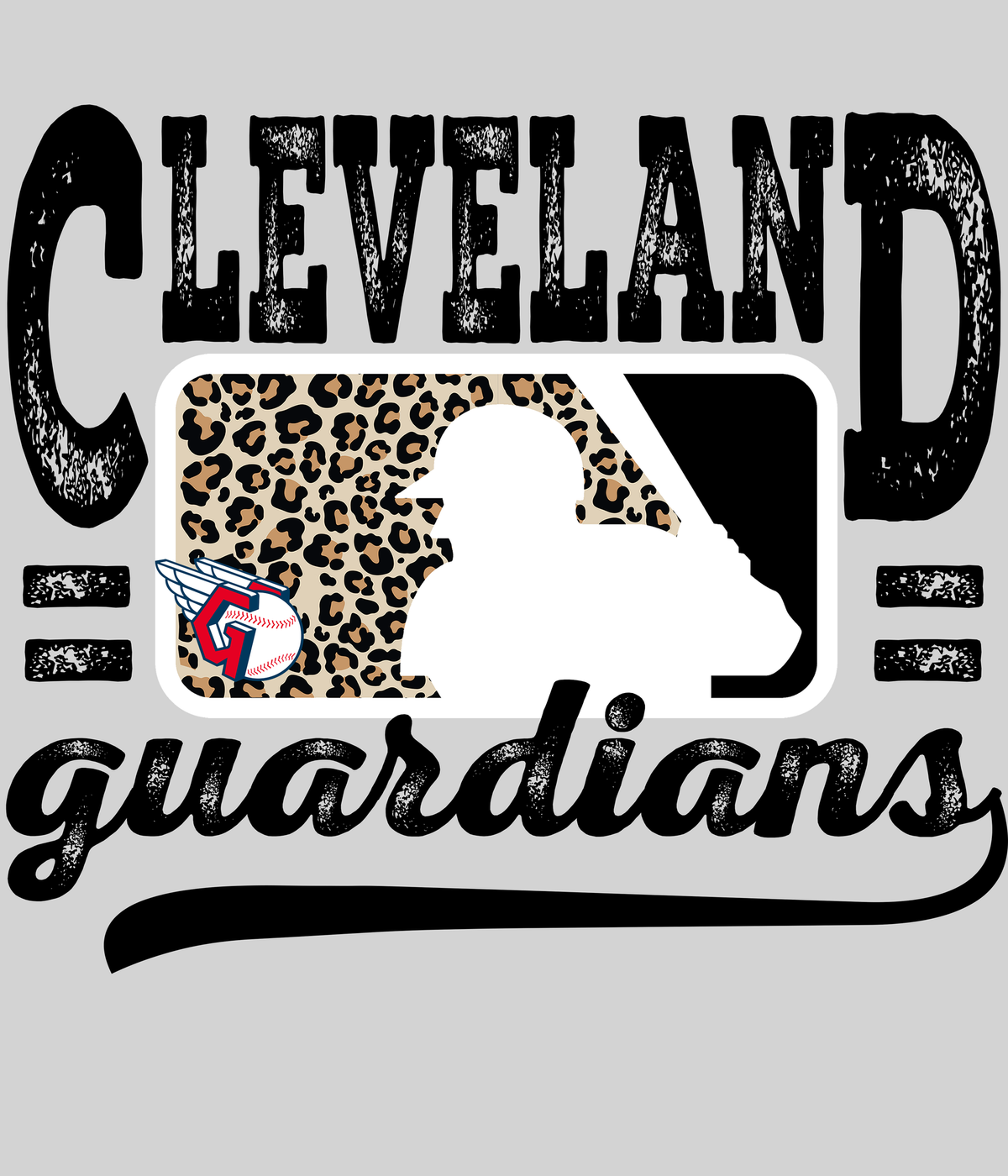 Cleveland Guardianss Leopard Baseball DTF transfer on a light grey display background