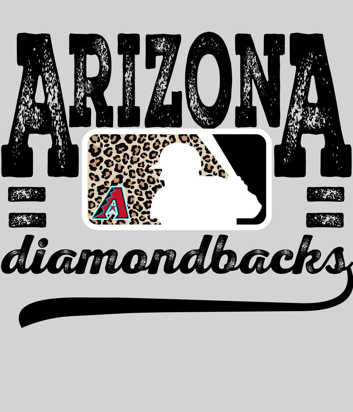Arizona Diamondbackss Leopard Baseball DTF transfer on a light grey display background