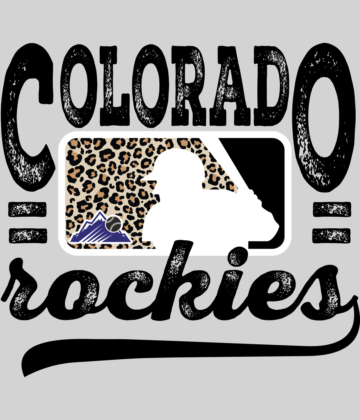 Colorado Rockiess Leopard Baseball DTF transfer on a light grey display background