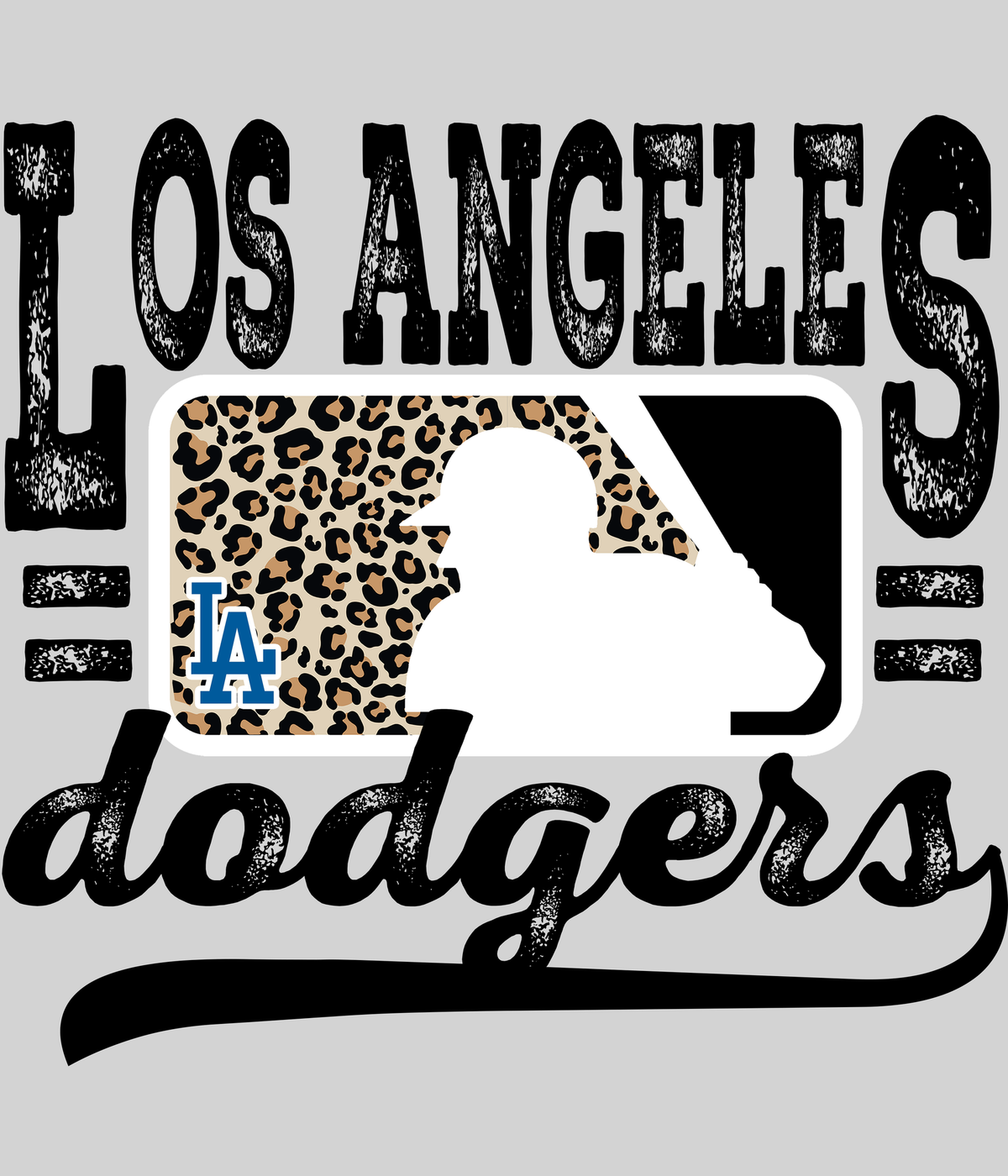 LA Dodgerss Leopard Baseball DTF transfer on a light grey display background