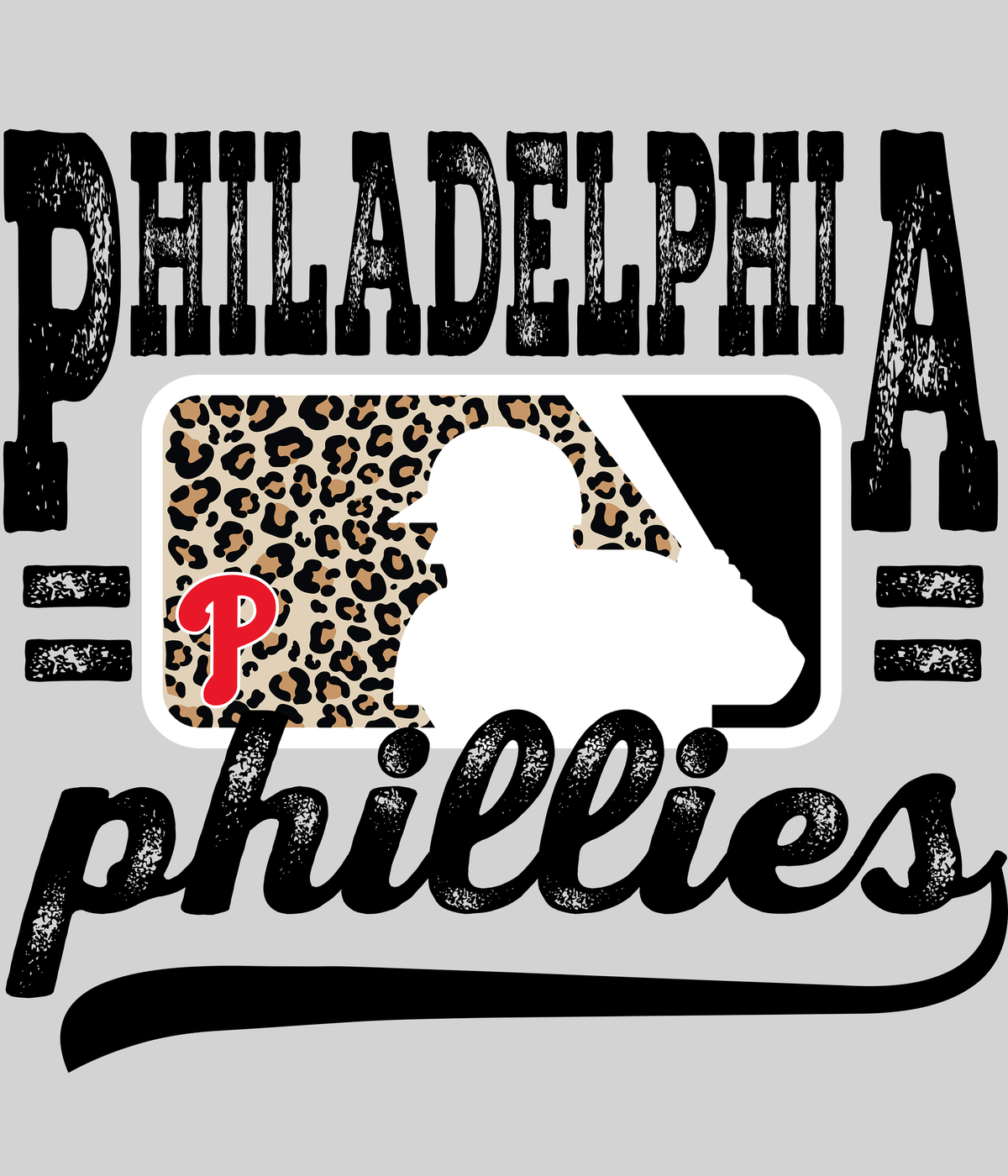 Philadelphia Philliess Leopard Baseball DTF transfer on a light grey display background
