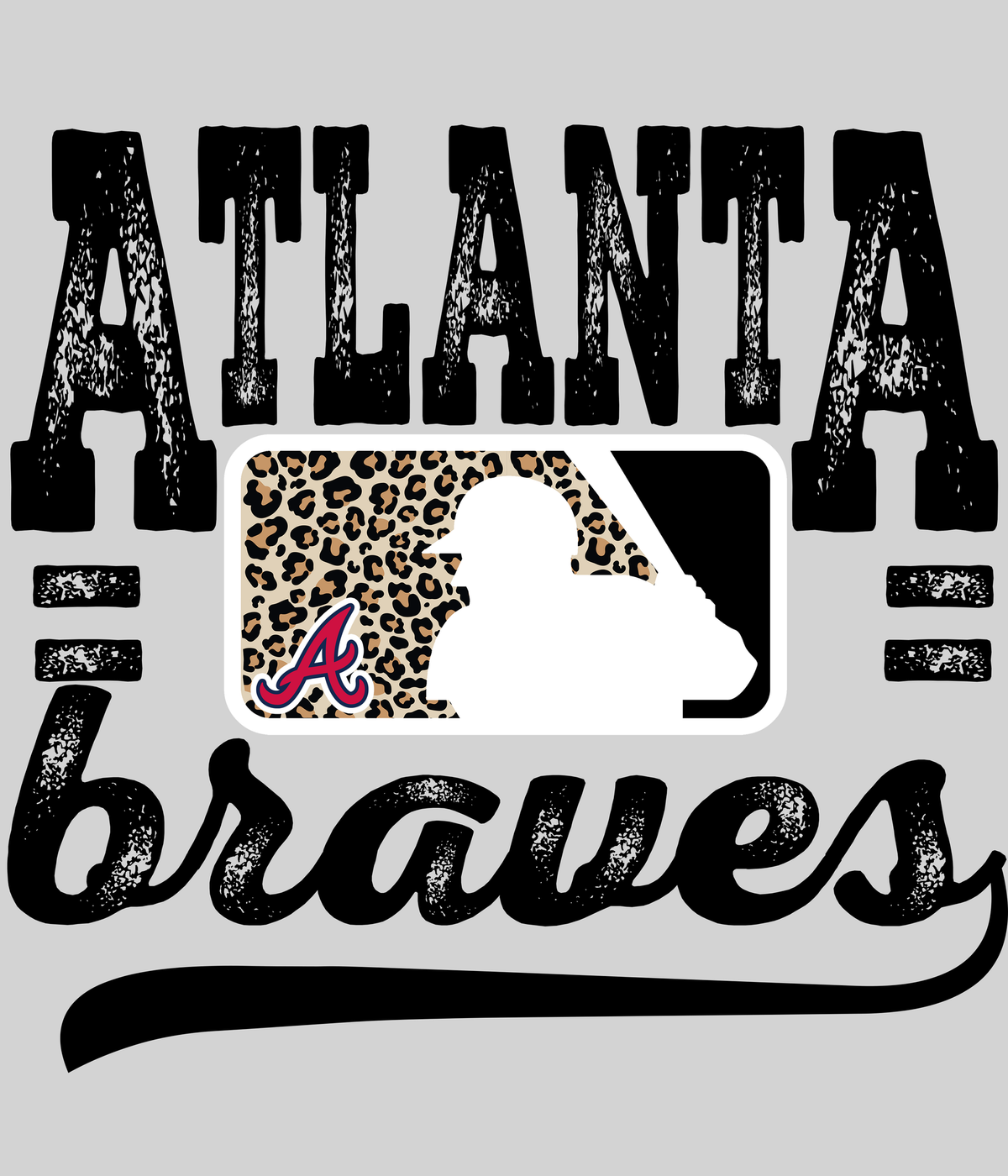 Atlanta Bravess Leopard Baseball DTF transfer on a light grey display background