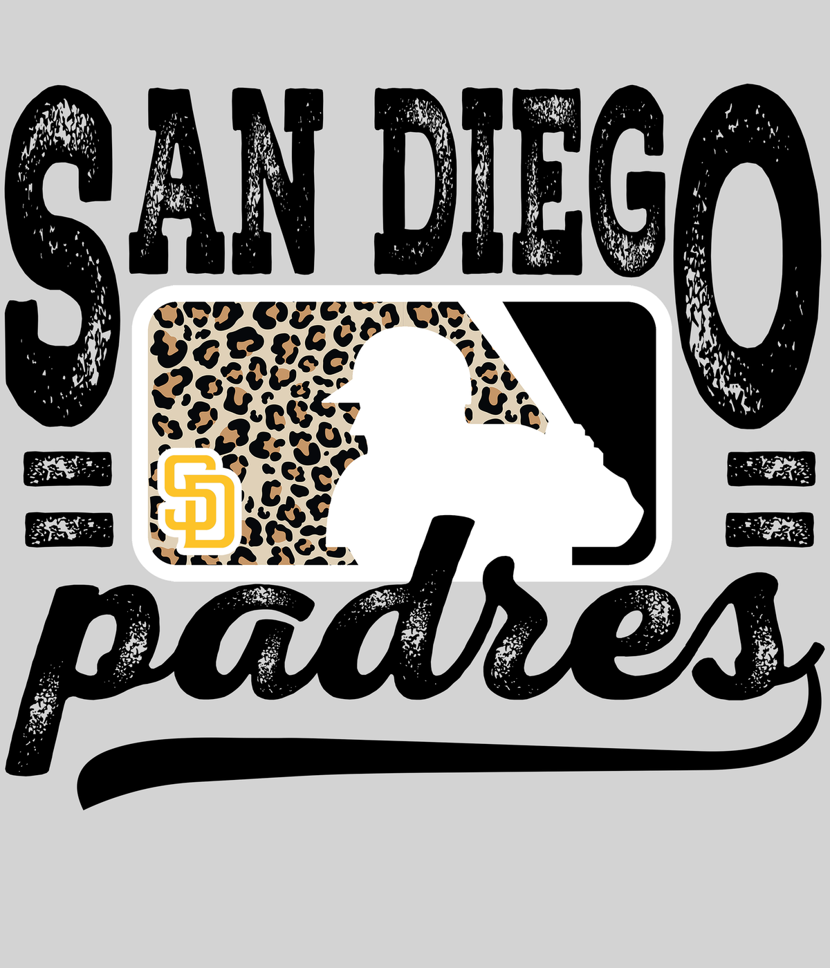 San Diego Padress Leopard Baseball DTF transfer on a light grey display background