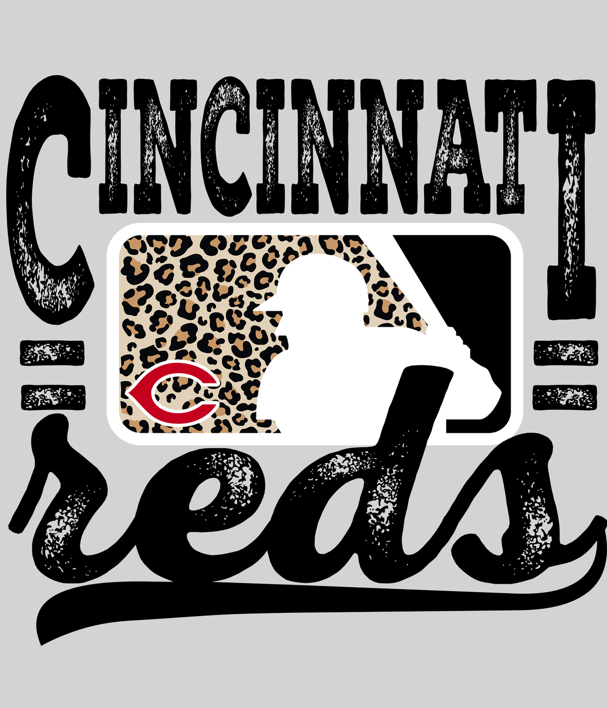Cincinnati Redss Leopard Baseball DTF transfer on a light grey display background