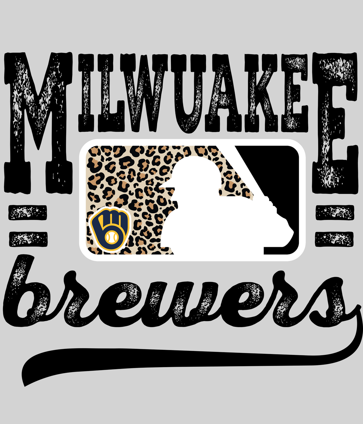 Milwaukee Brewerss Leopard Baseball DTF transfer on a light grey display background