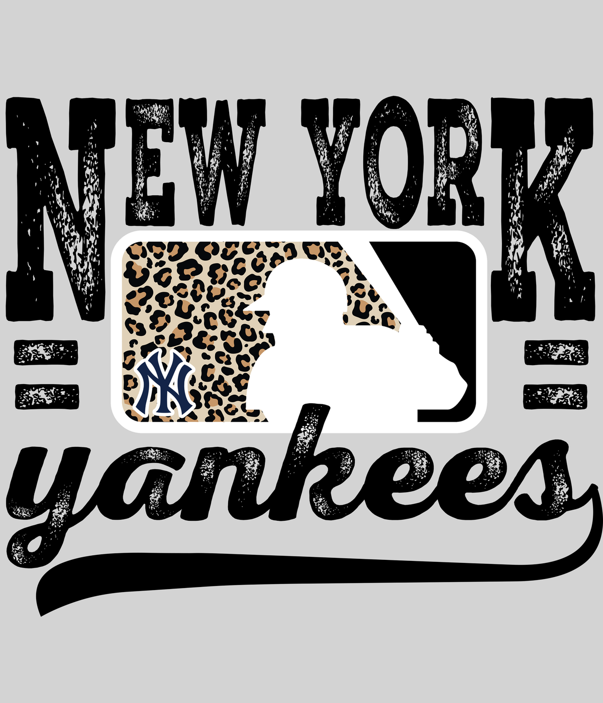NY Yankeess Leopard Baseball DTF transfer on a light grey display background
