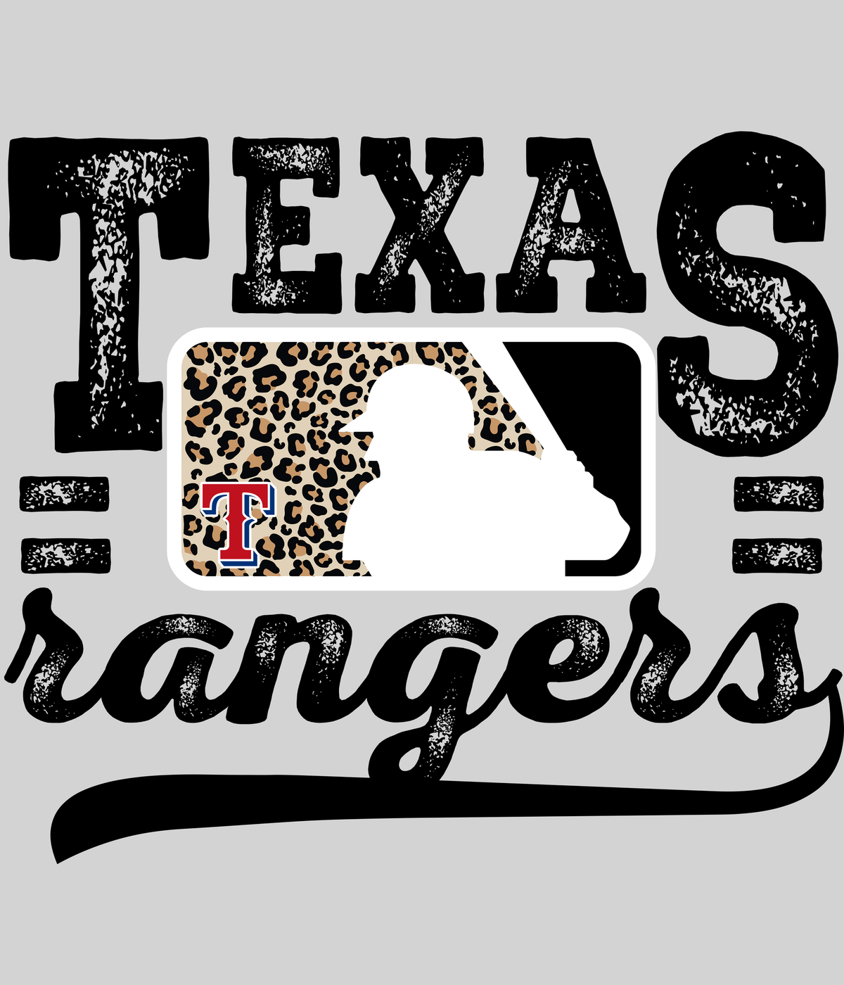 Texas Rangerss Leopard Baseball DTF transfer on a light grey display background